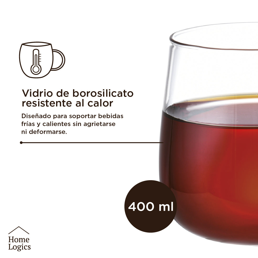 Set 4 Tazas Single Wall Glass 400 ml Home Logics 1 un