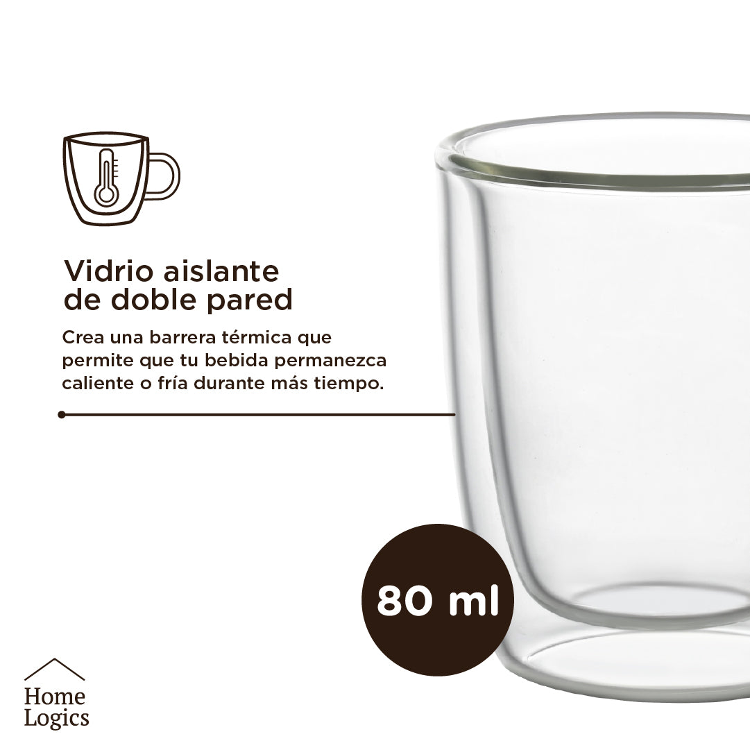 Set 4 Tazas Vidrio Doble Pared 80 ml Home Logics 1 un
