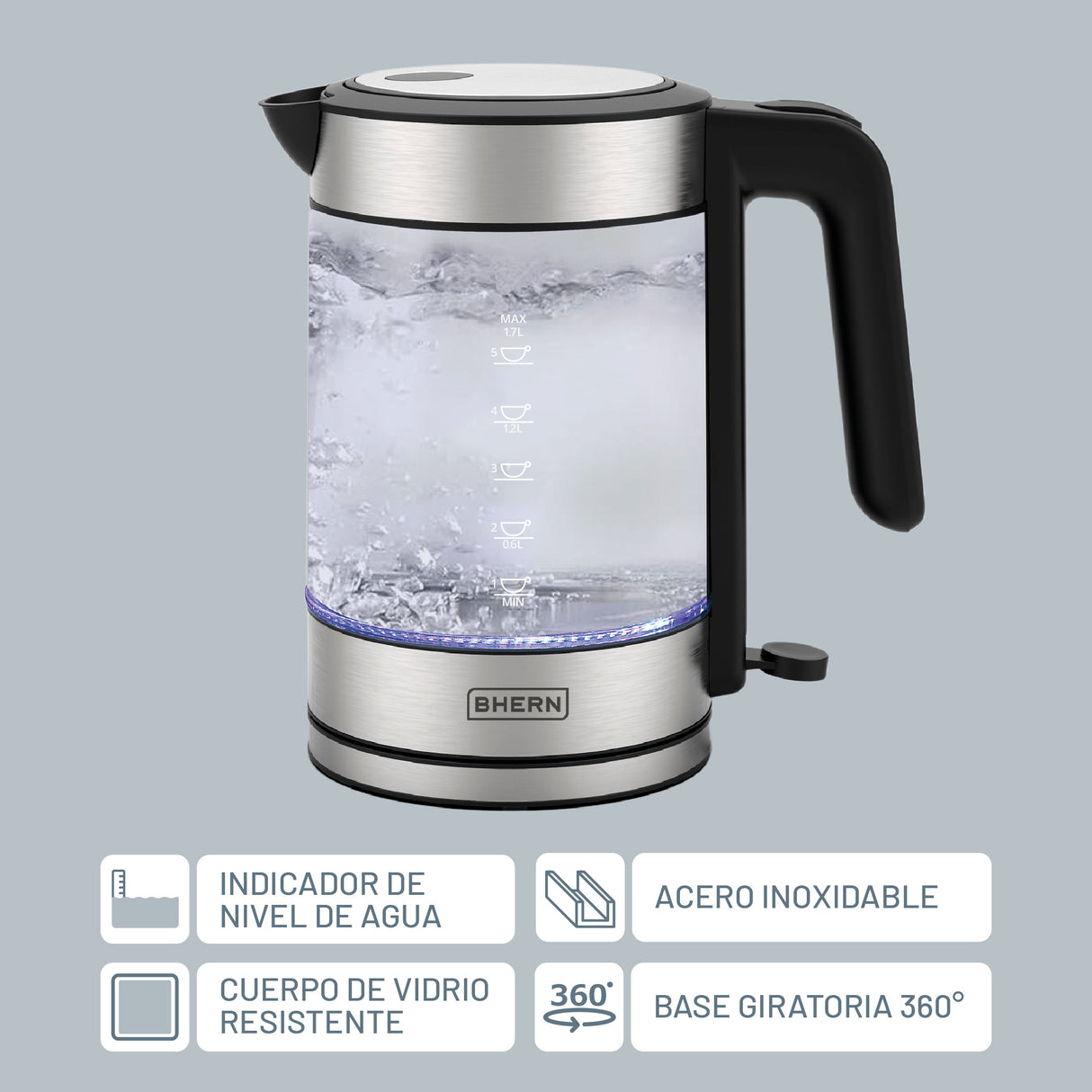 Hervidor Eléctrico Vidrio Blue Led 1,7 L Bhern 1 un